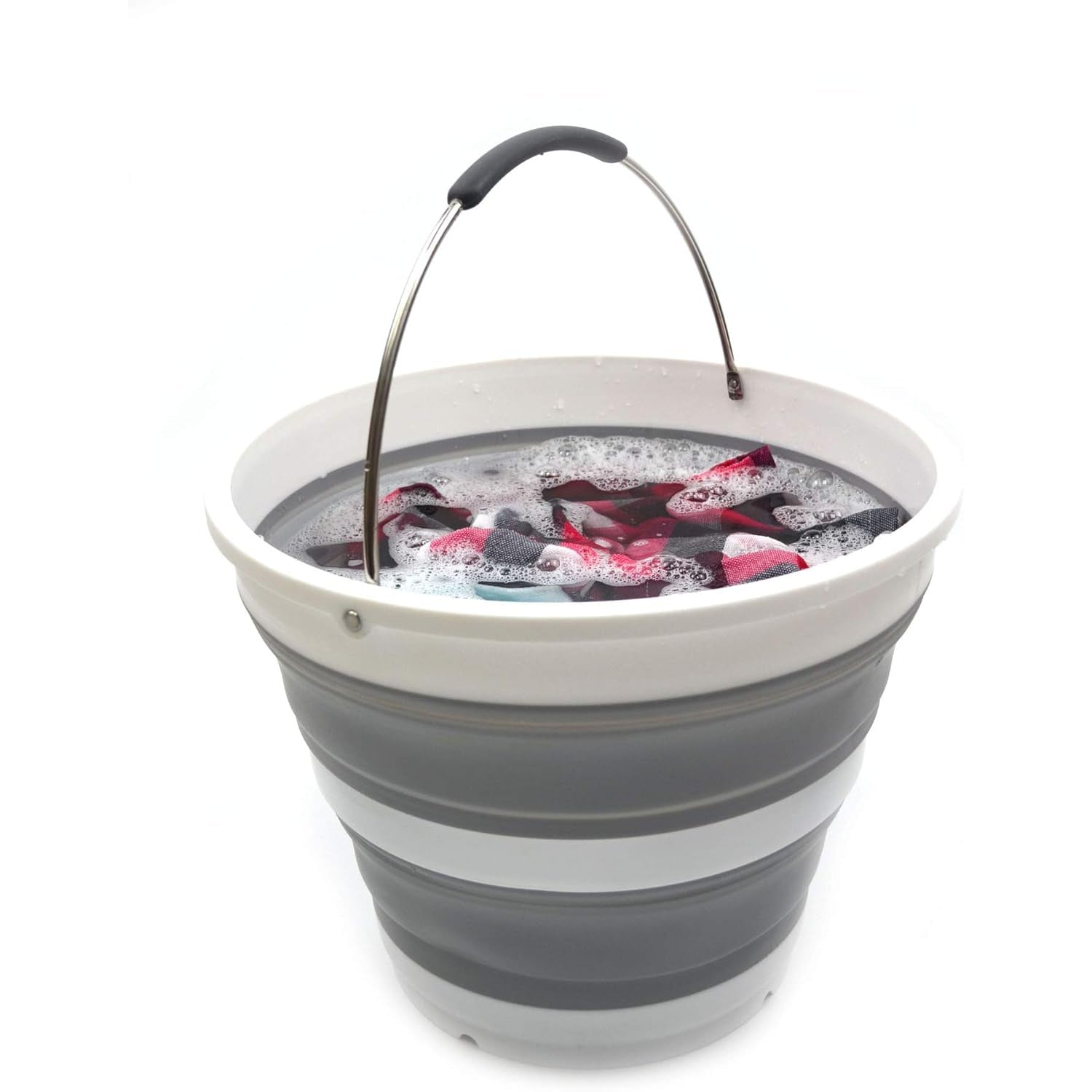 10L \u002F 2.64 Gallon Collapsible Plastic Bucket - Foldable Round Tub - Portable Fishing Water Pail - Car Cleaning - Space-Saving Outdoor Water Container, Size 12.2inch Diameter (1, Grey)