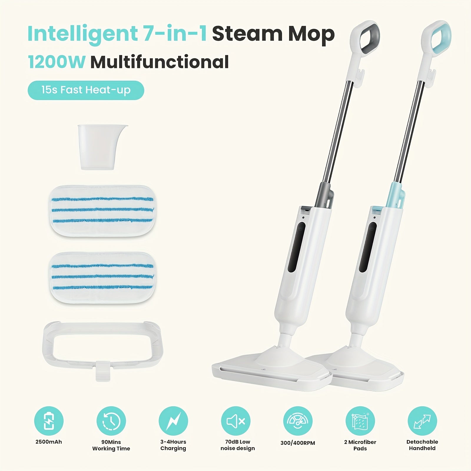 7-in-1 Steam Mop | Hardwood Floor Steamer, Powerful Cleaner for Carpet, Laminate, and Tiles, 3 Adjustable Steam Settings, 30s Fast Heat-up, Includes Carpet Glider & 2 Washable Microfiber Pads, Detachable Handheld Steamer for Walls, Metal, 120