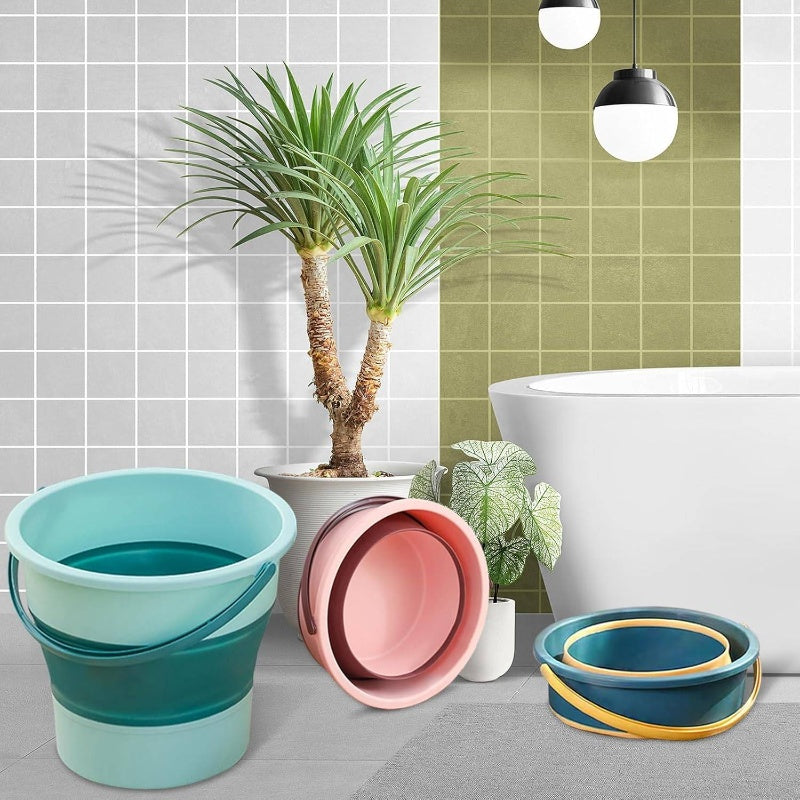 2pcs Collapsible Buckets with Sturdy Collapsible Design - Heavy-Duty Foldable 1.3 Gal (5L) & 4.5 Gal (17L) Capacity, Space-Saving Green Buckets for Household, Car Wash, Camping, Beach, Fishing, Mop Bucket with Sturdy Handle & Spill-Resistant Lid