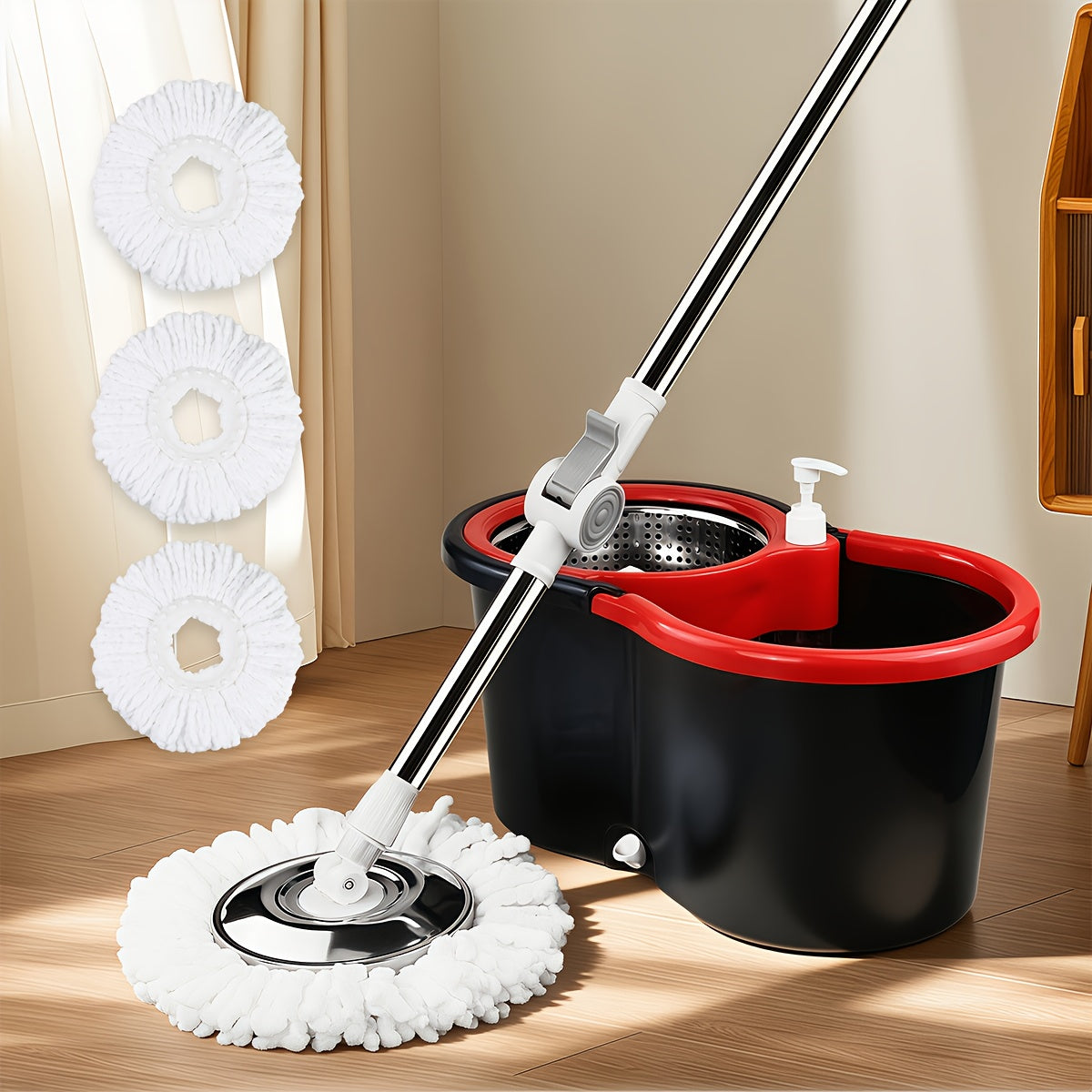 Mop Bucket Set Spin Mop And Bucket With Wringing System | 360° Spin Mop System With 3 Ultra-Fine Fiber Mop Replacement Heads, Suitable For Hardwood Tile Marble Floors, Plastic, Ideal For Living Room, Bedroom, Bathroom, Toilet