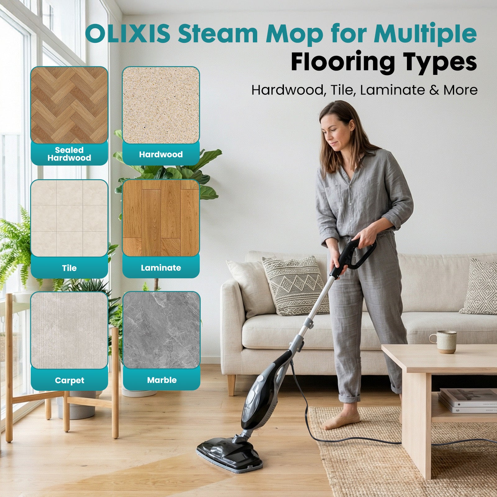 10-in-1 Multifunctional Steam Mop, 1550W Detachable Handheld Steam Cleaner for Floor Cleaning, 16FT Cord, 2 Washable Pads, Multi-Purpose Floor Steamer for Hardwood, Carpet, Tile, Grout, Windows