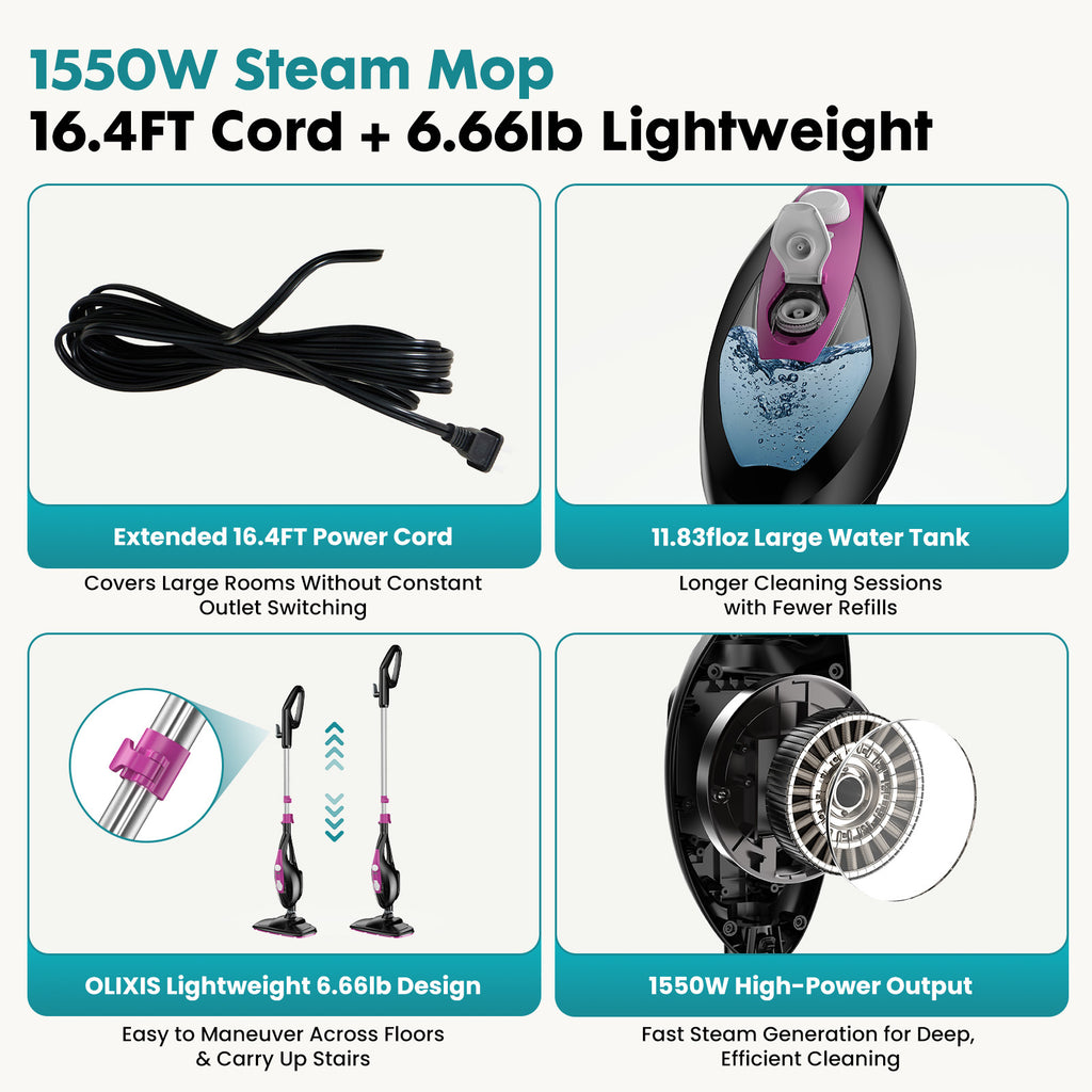 10-in-1 Multifunctional Steam Mop, 1550W Detachable Handheld Steam Cleaner for Floor Cleaning, 16FT Cord, 2 Washable Pads, Multi-Purpose Floor Steamer for Hardwood, Carpet, Tile, Grout, Windows