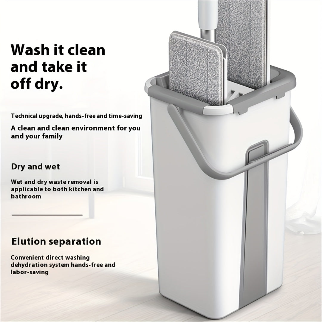 Hands-free Flat Mop And Bucket Set With 2 Reusable Microfiber Pads, Long Handle, Wringer, 360° Flexible Swivel For Floor Cleaning And Wall Cleaning, Mop And Bucket Cleaning Set