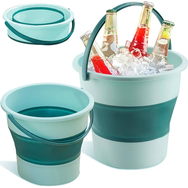 2pcs Collapsible Buckets with Sturdy Collapsible Design - Heavy-Duty Foldable 1.3 Gal (5L) & 4.5 Gal (17L) Capacity, Space-Saving Green Buckets for Household, Car Wash, Camping, Beach, Fishing, Mop Bucket with Sturdy Handle & Spill-Resistant Lid