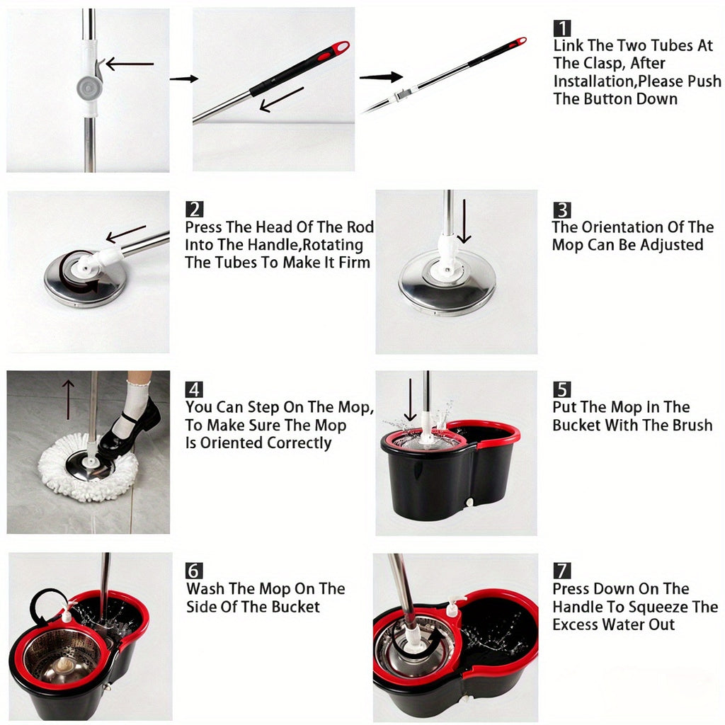 Mop Bucket Set Spin Mop And Bucket With Wringing System | 360° Spin Mop System With 3 Ultra-Fine Fiber Mop Replacement Heads, Suitable For Hardwood Tile Marble Floors, Plastic, Ideal For Living Room, Bedroom, Bathroom, Toilet