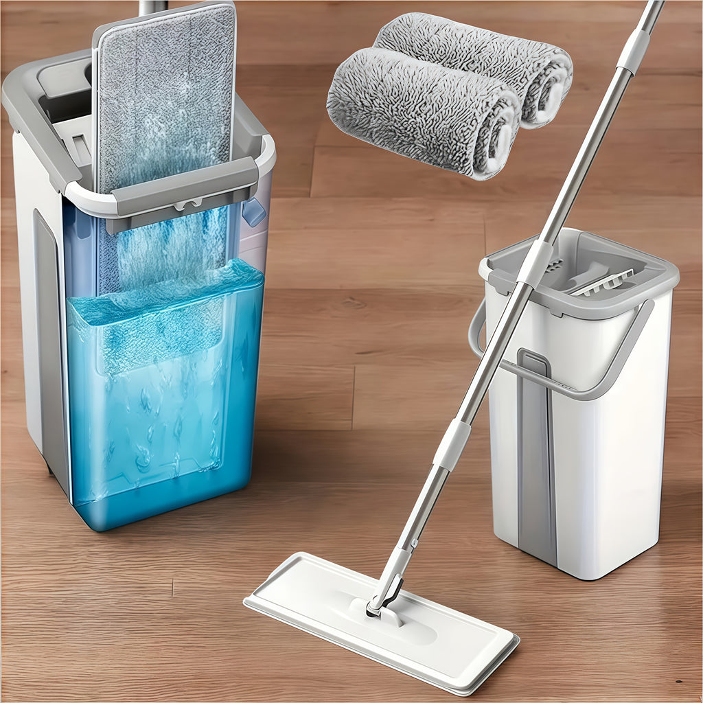 Hands-free Flat Mop And Bucket Set With 2 Reusable Microfiber Pads, Long Handle, Wringer, 360° Flexible Swivel For Floor Cleaning And Wall Cleaning, Mop And Bucket Cleaning Set